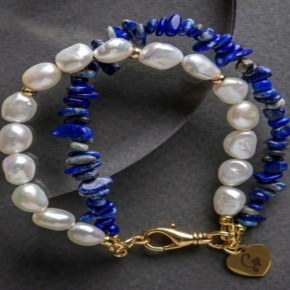 Браслет двойной: гематит, лазурит, жемчуг-барокко (латун. сплав с позолотой)